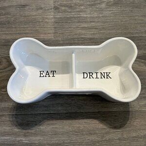 Mudpie Dog Bowl Woof Eat Drink Bone Shape Pet Dish Ceramic White